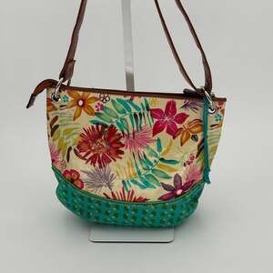 Plum Brand Floral Coated Canvas Crossbody Bag Tropical Hobo Purse